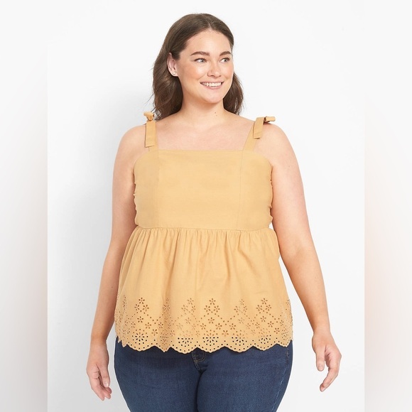 Lane Bryant Camel Classic Square Neck Tie Strap Tank with Embroidered Hem - Picture 1 of 9